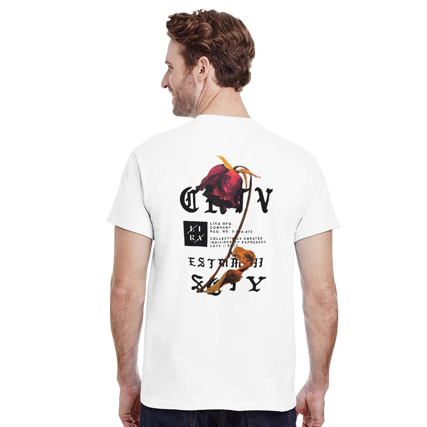 lira streetart unisex t-shirt in white with graphic back print, heavy cotton, classic fit, double-stitched collar and hems