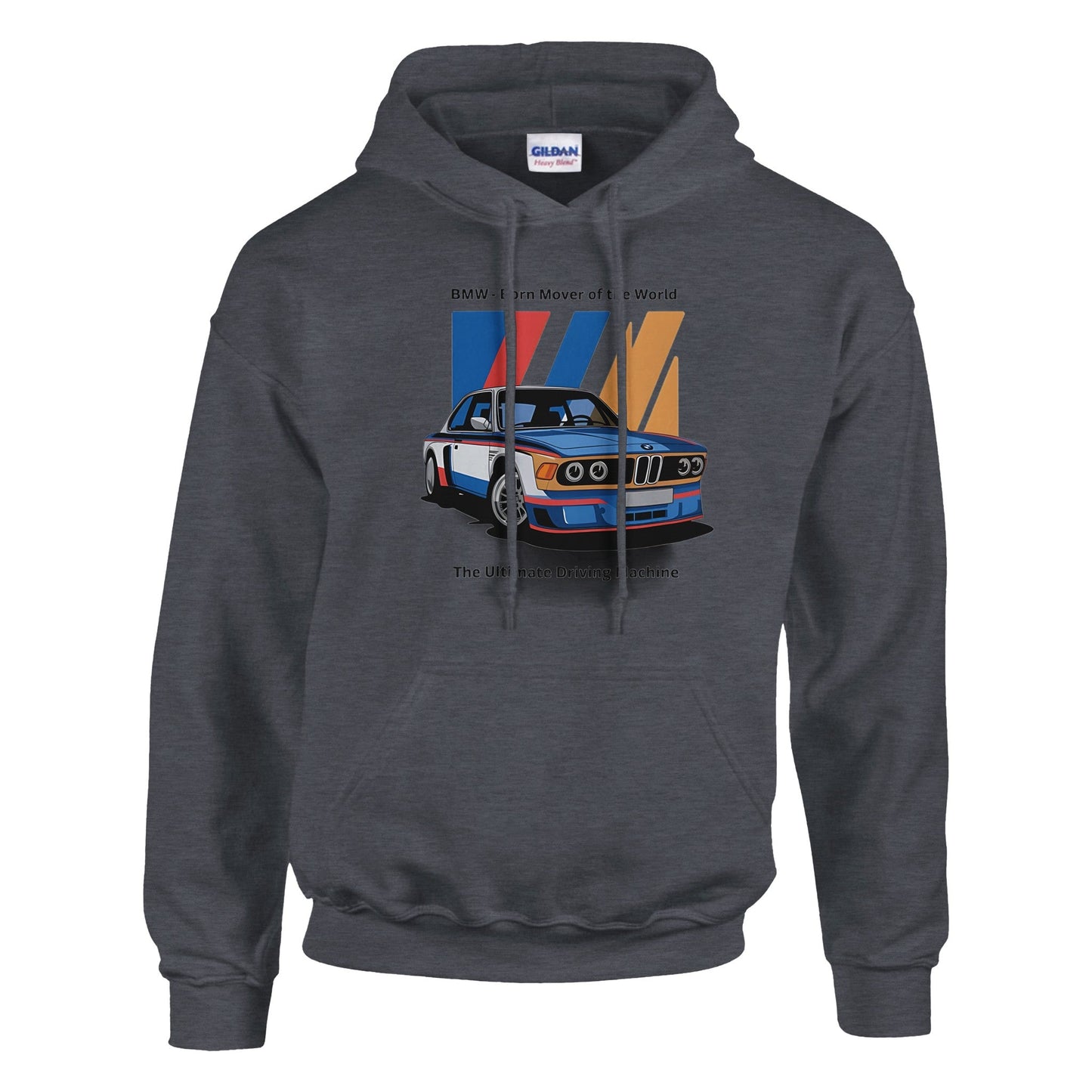 dark grey unisex hoodie with a vintage race car graphic and "born to race" design, featuring a double-lined hood and front pouch pocket.