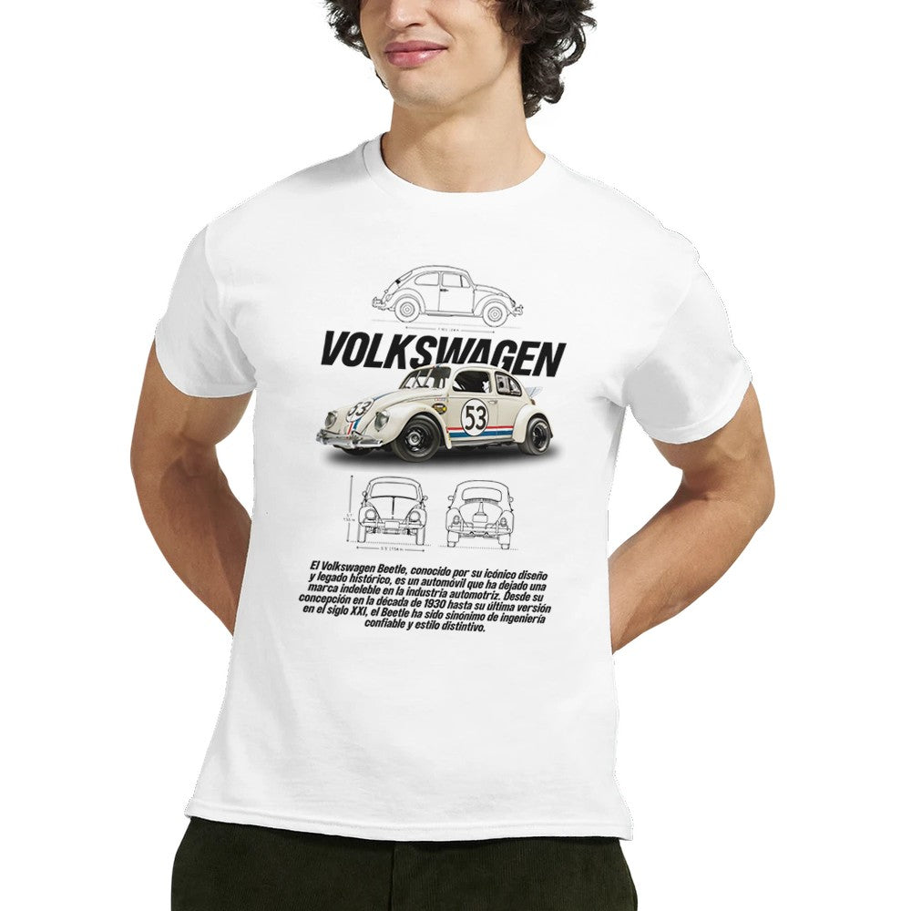 weißes vw käfer t-shirt aus 100% baumwolle mit klassischem design und motorsport-motiv für männer