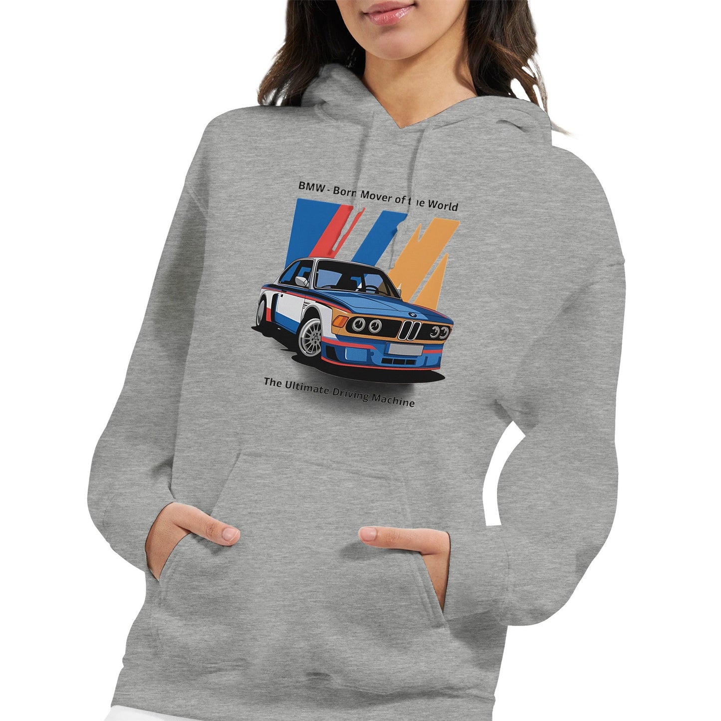 grey born to race unisex hoodie with bmw car graphic and front pouch pocket