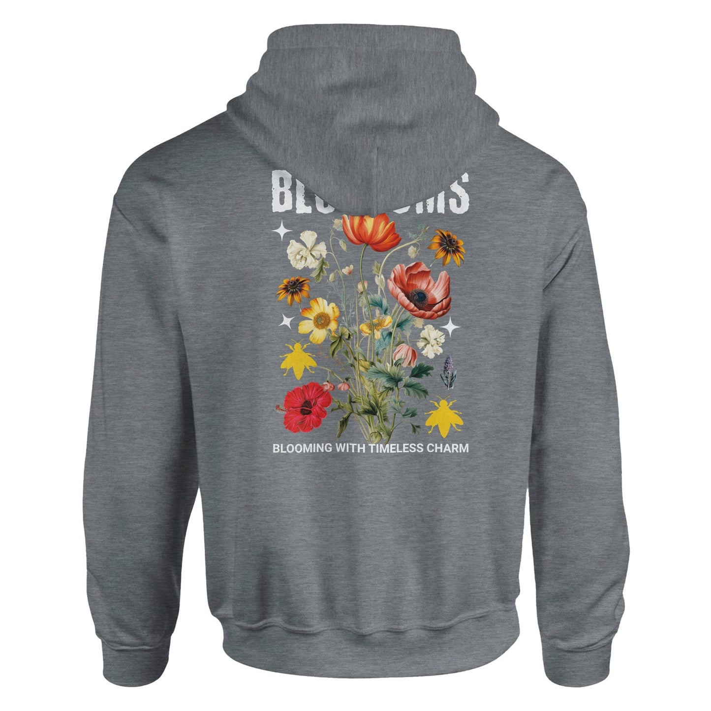 grauer blossom streatware unisex pullover hoodie mit floralem rückenprint und doppelschichtigem kapuzen-design aus weicher baumwoll-polyester-mischung.