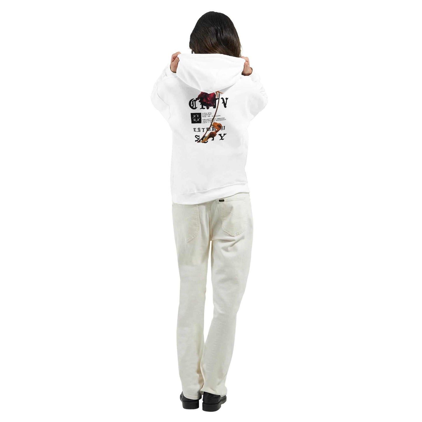 person wearing white lira streetwear hoodie with graphic design on back, paired with light-colored pants and black shoes, standing facing away