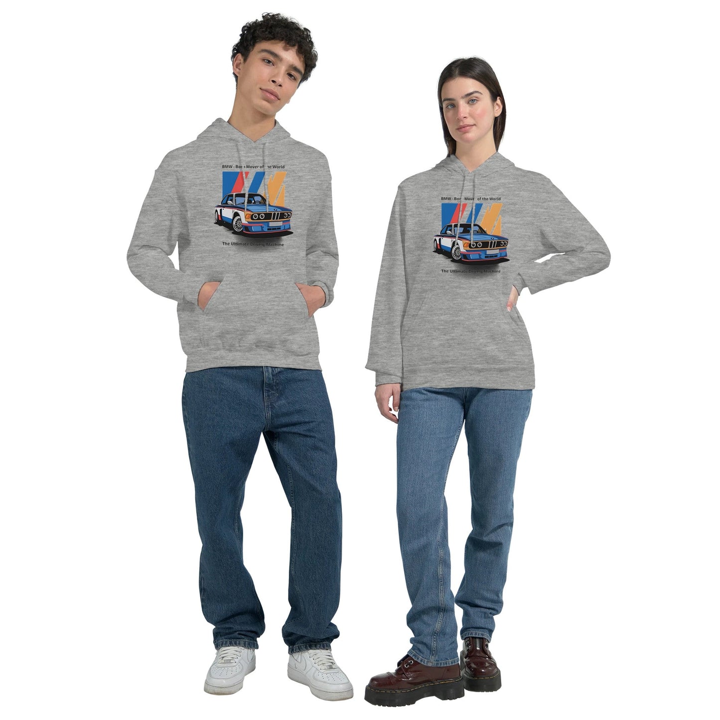 unisex gray hoodie with vintage car graphic and sporty stripes, made from soft cotton polyester blend, featuring front pouch pocket and adjustable hood.