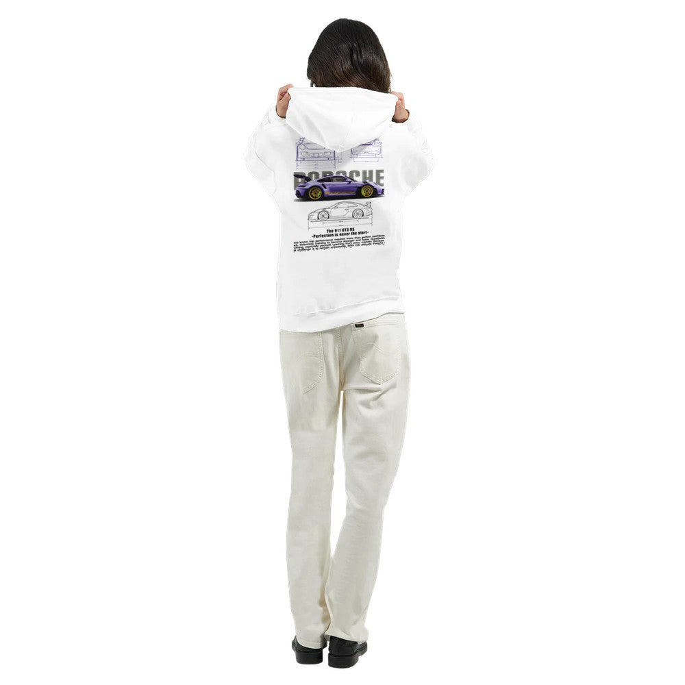 berry porsche design hoodie aus schwerem mischgewebe mit doppelter kapuze und beuteltasche, weiß mit fahrzeug-print auf dem rücken