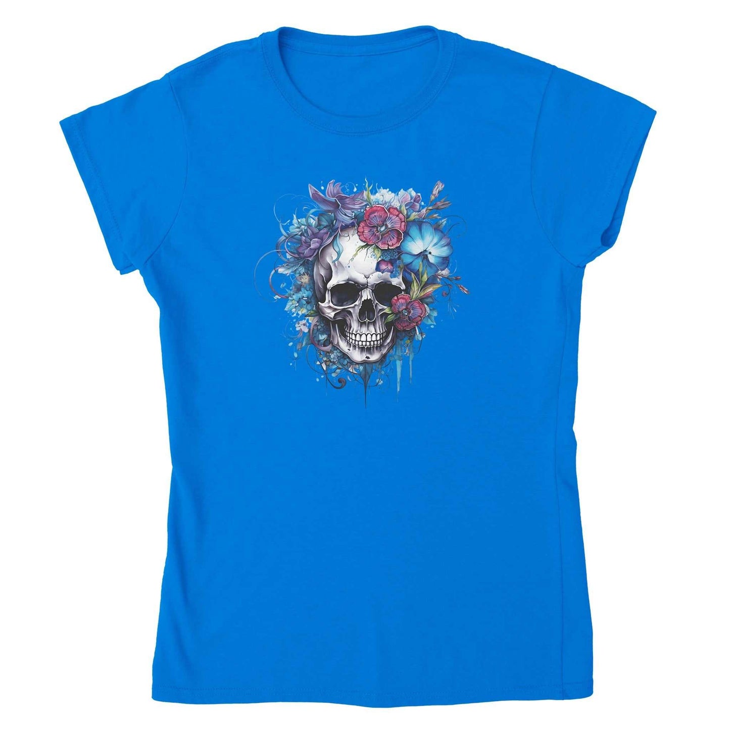damen premium t-shirt in blau mit schädel und bunten blumenmotiv, aus 100 % ringgesponnener baumwolle, tailliert und umweltbewusst produziert, skull flower women design.