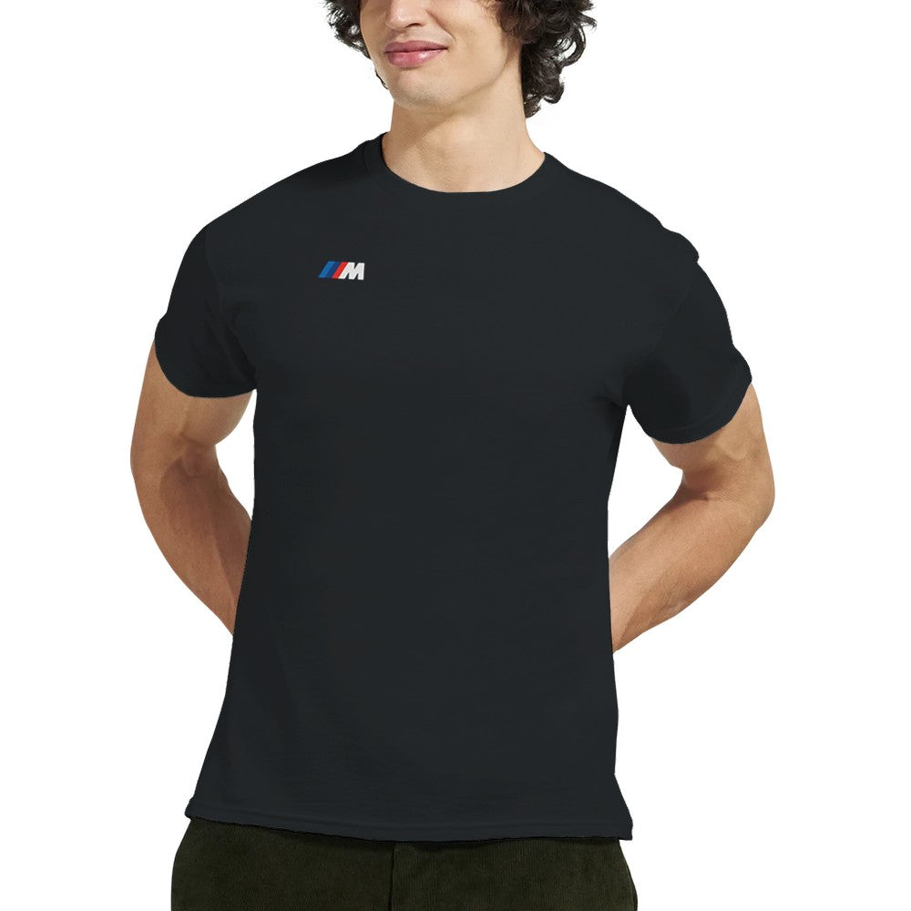 schwarzes bmw e30 m3 herren t-shirt aus schwerer baumwolle mit klassischem motorsport-design und langlebiger doppelnaht.