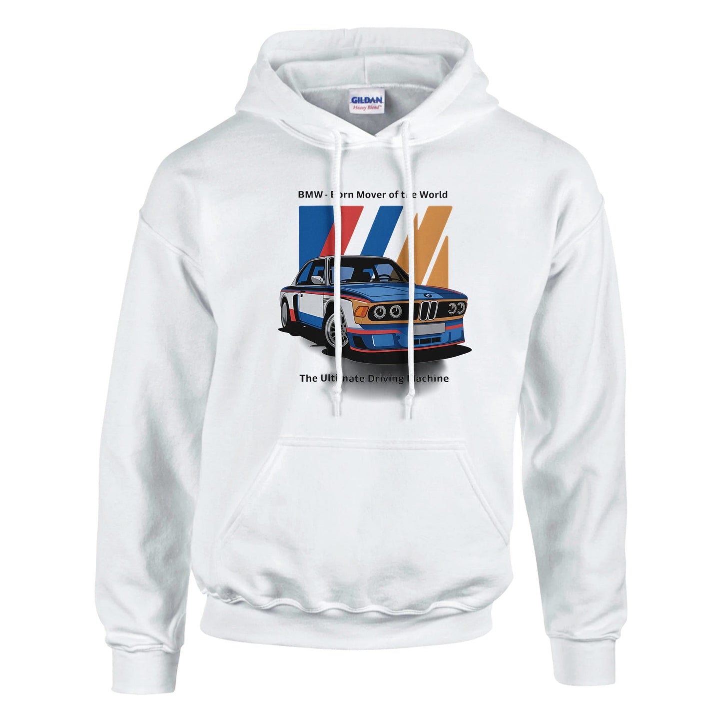 white born to race unisex hoodie with vintage bmw car graphic and tri-color racing stripes design