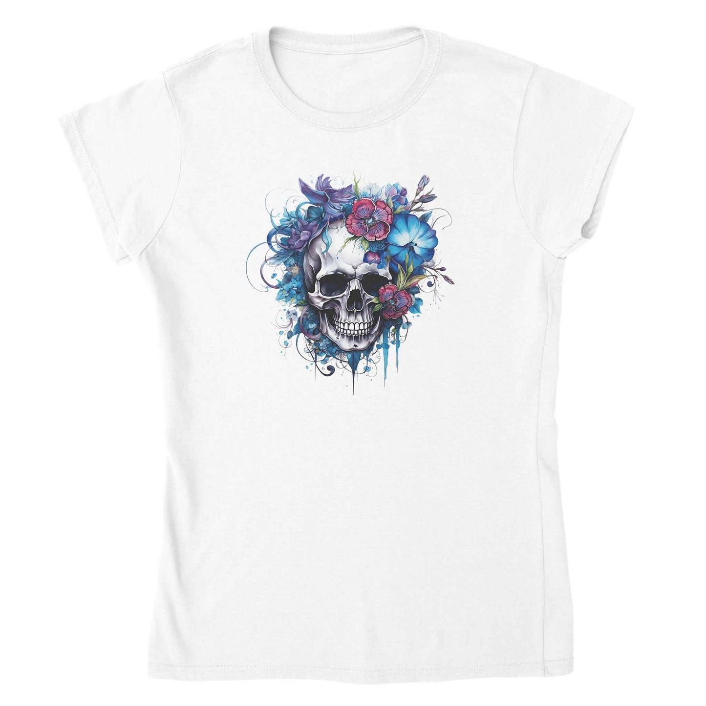 weißes damen-t-shirt mit skull flower-design, aus 100 % ringgesponnener baumwolle, halbtailliert und bequem.