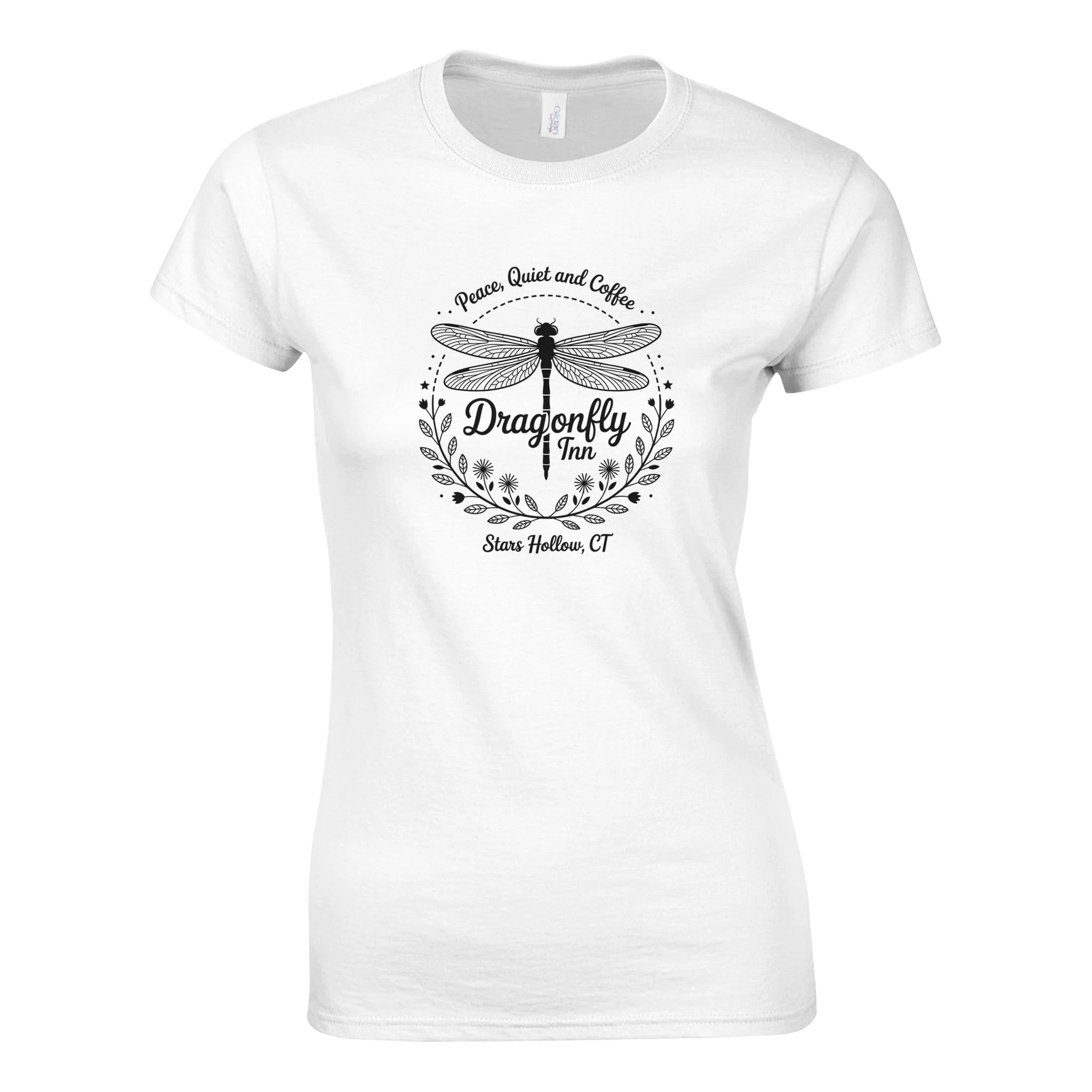 Weißes Damen Gilmore Girls T-Shirt mit Dragonfly Inn Design aus 100% Baumwolle, komfortabel und stylisch
