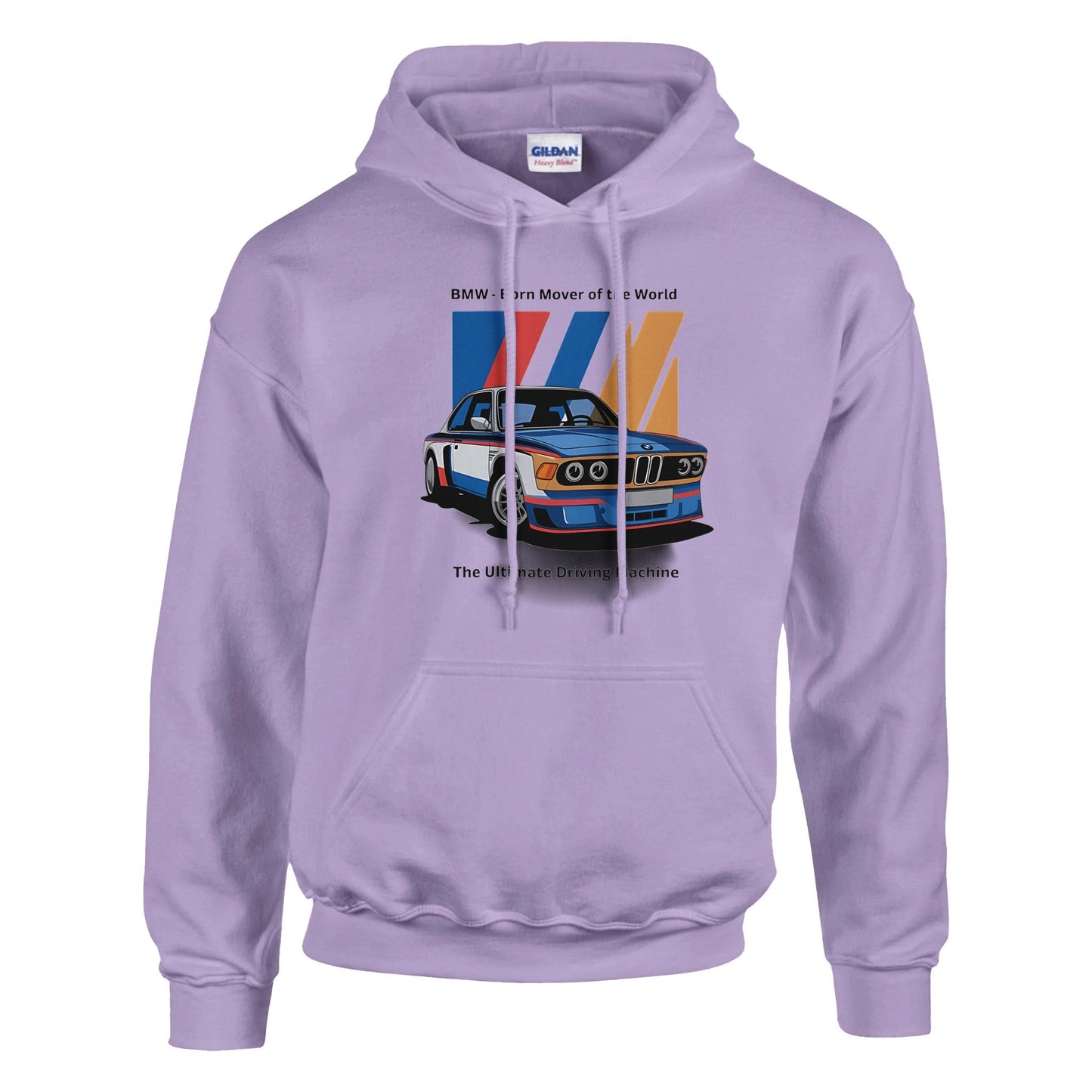 born to race unisex hoodie in lavender with vintage bmw car graphic and multicolor racing stripes, made of soft cotton-polyester blend with front pouch pocket and adjustable hood.