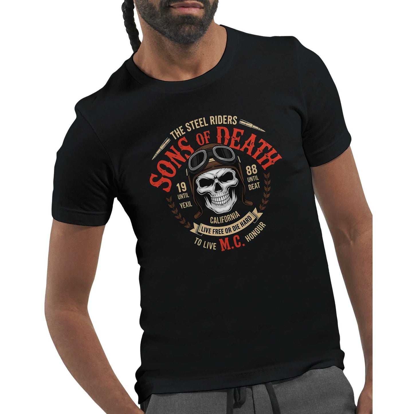 biker t-shirt mit sons of death skull-motiv, schwarz, unisex, 100% baumwolle, komfortabel und langlebig