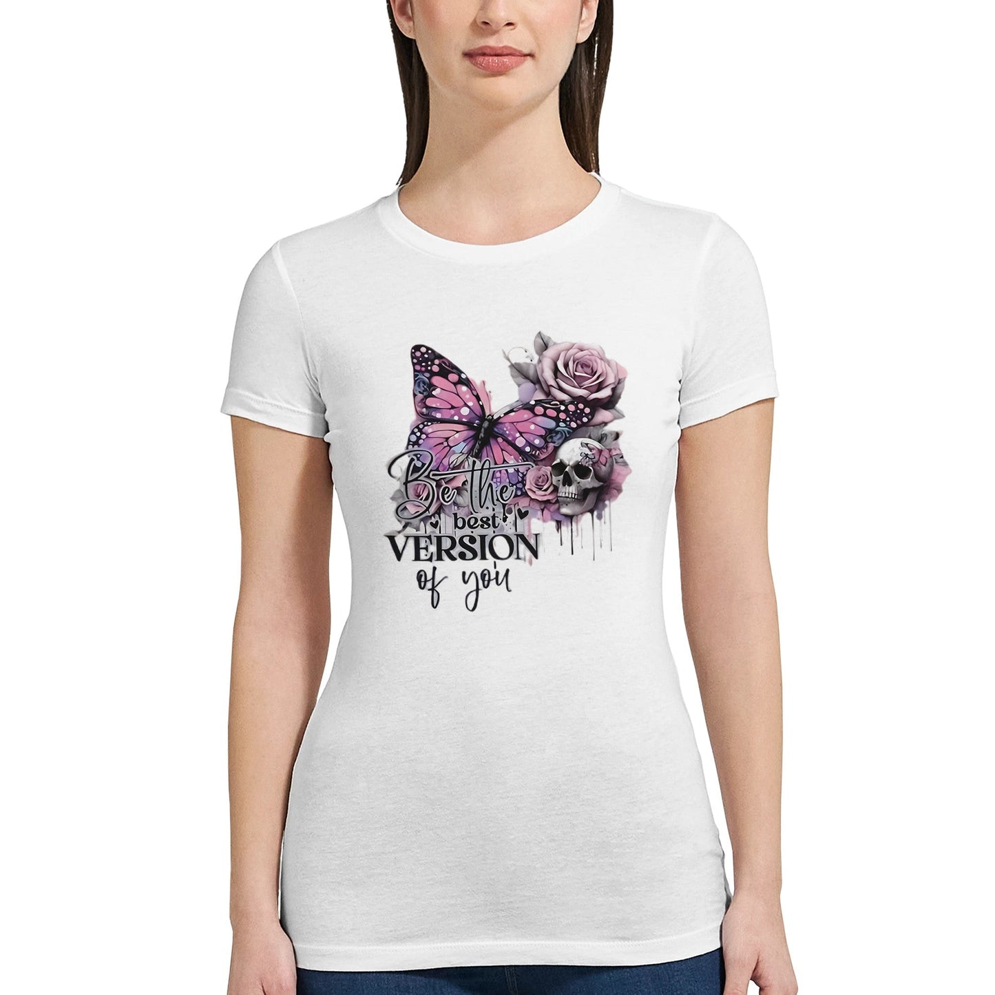 premium women's crewneck t-shirt in white with "best of you" butterfly and rose design, soft cotton fabric and slim fit.
