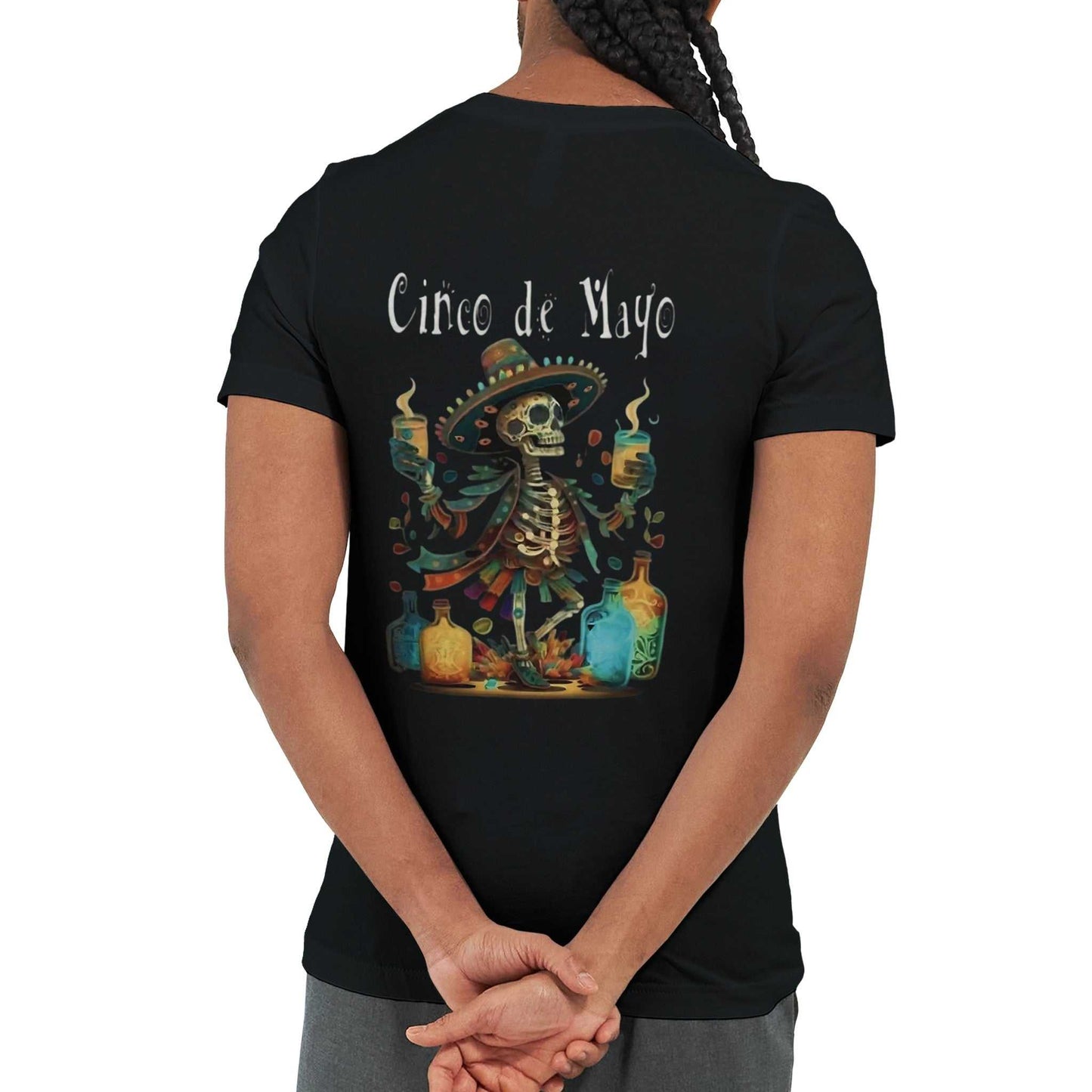 black tequila sommer t-shirt with cinco de mayo skeleton and tequila bottle design, unisex fit, soft eco-friendly cotton