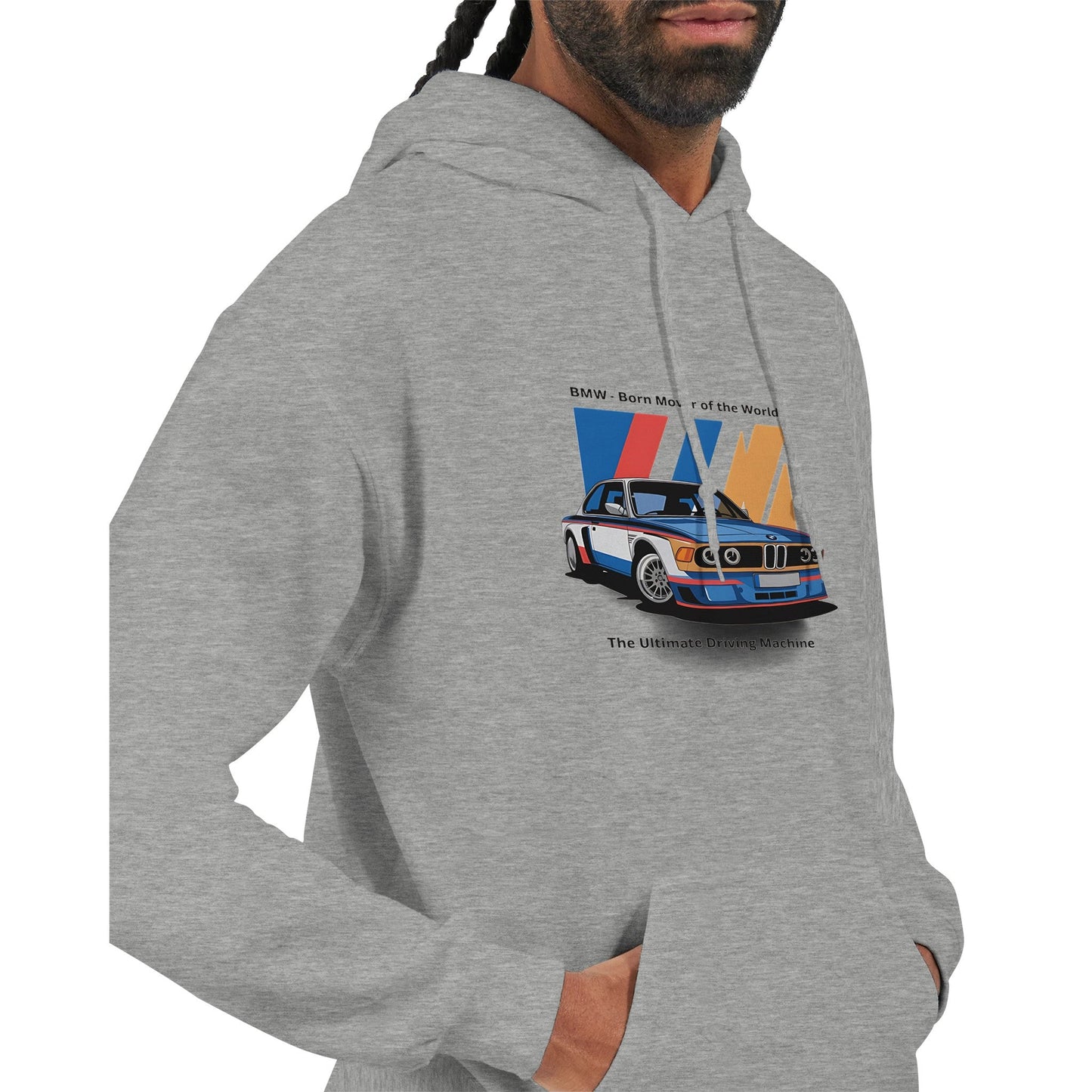 unisex gray hoodie with "born to race" vintage car graphic, soft cotton-polyester blend, double-lined hood, front pouch pocket, and ribbed cuffs and hem.