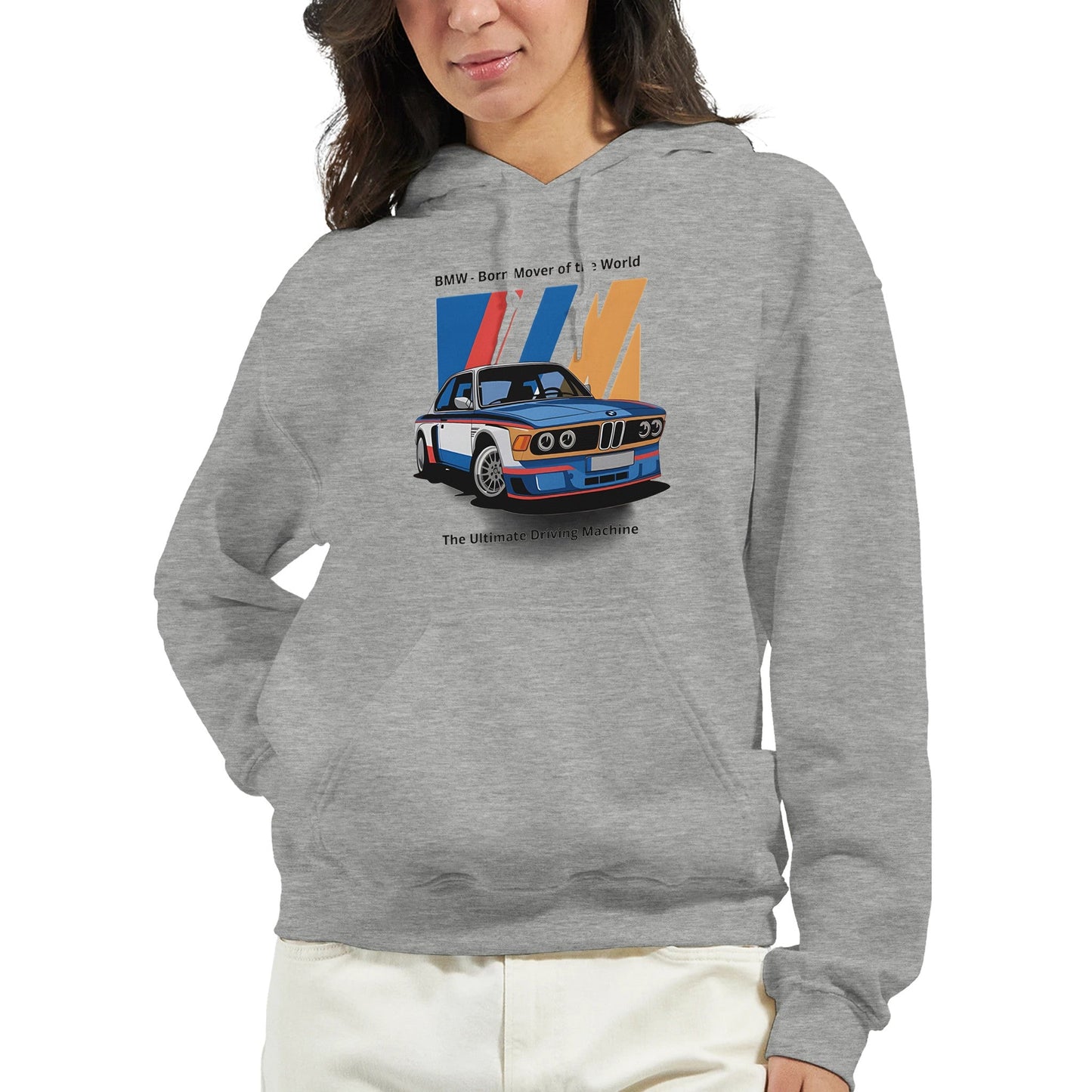 unisex grey hoodie with "born to race" bmw graphic, soft cotton-polyester blend, double-lined hood, front pocket, and ribbed cuffs.