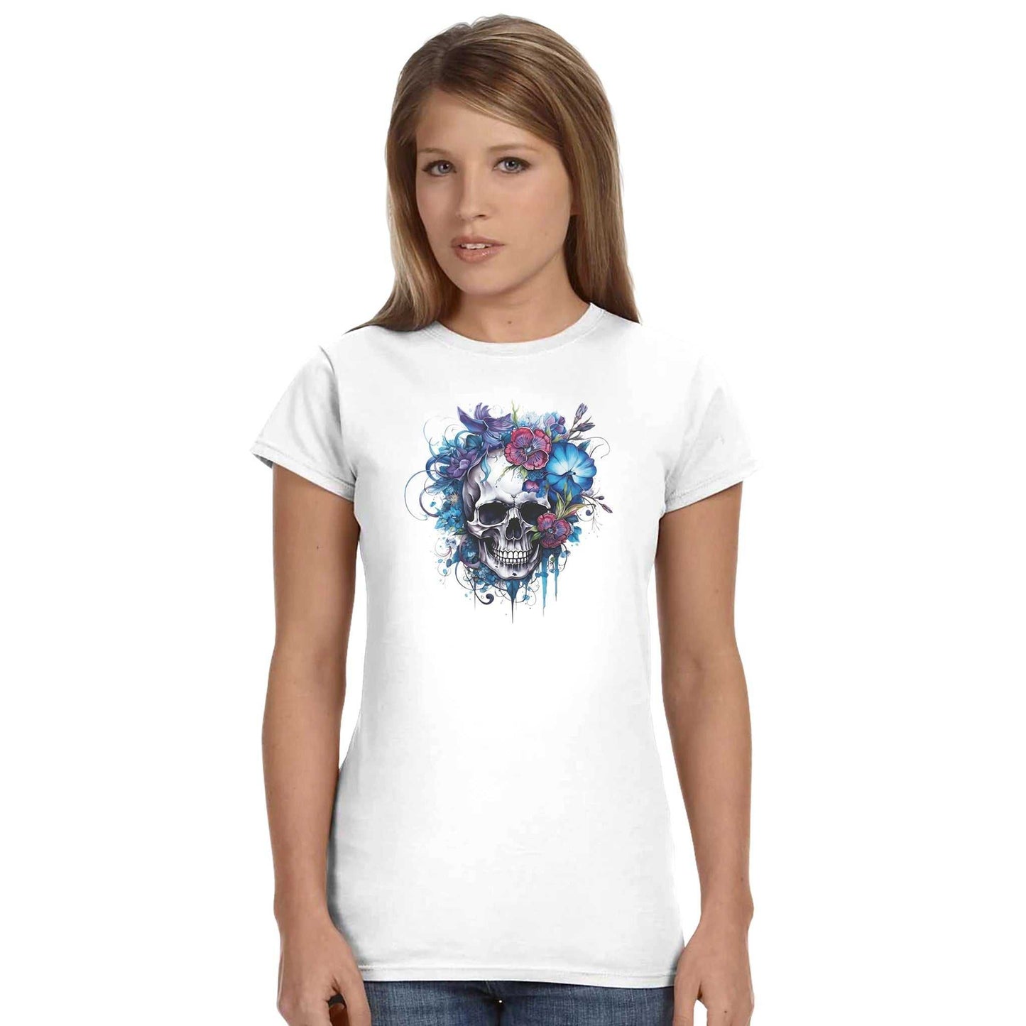 white women's t-shirt with colorful skull and flower design, premium cotton, semi-fitted style, eco-friendly production.