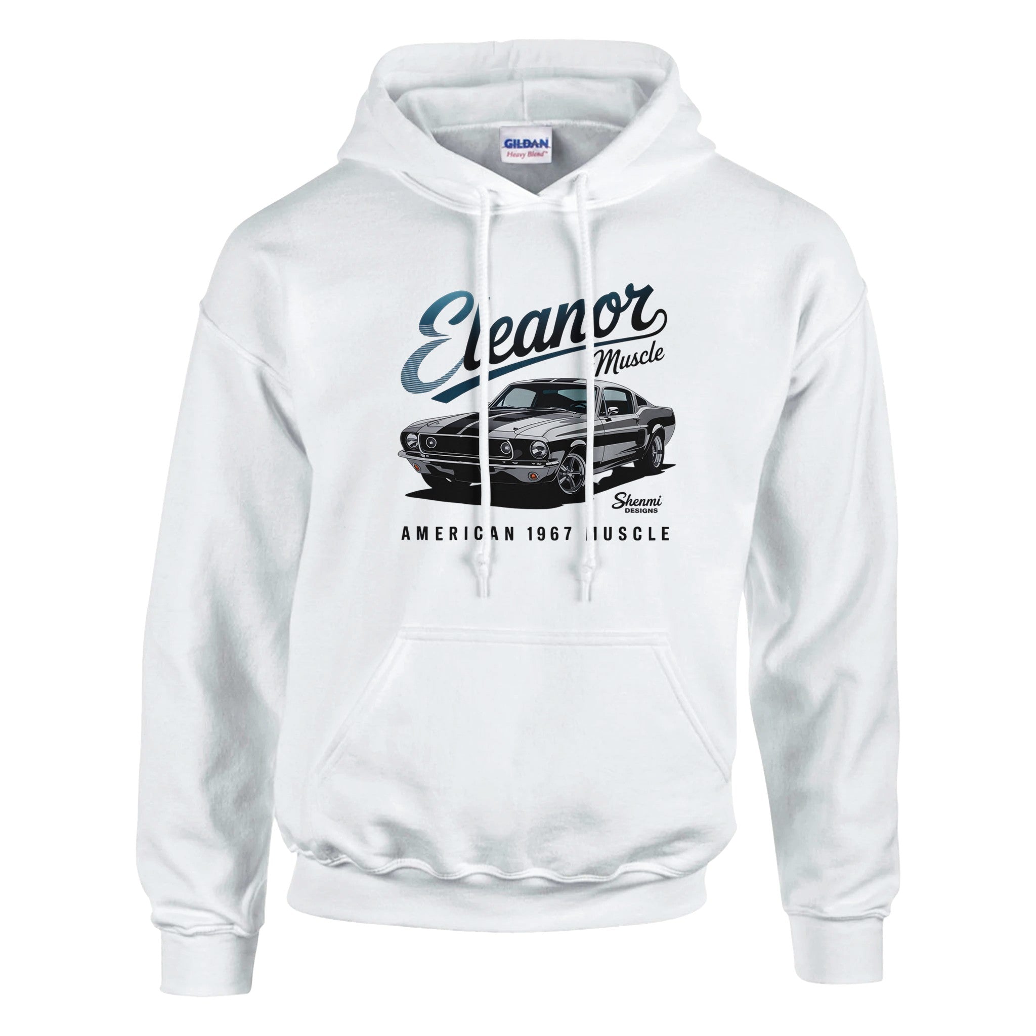 White Eleanor Hoodie with vintage 1967 muscle car graphic, unisex design, soft cotton-polyester blend, and front pouch pocket.