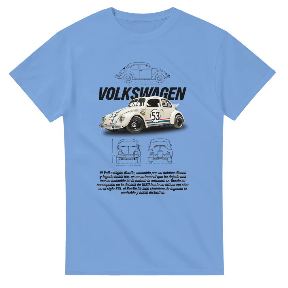 hellblaues t-shirt mit vw käfer design für motorsport- und auto-liebhaber aus 100% baumwolle