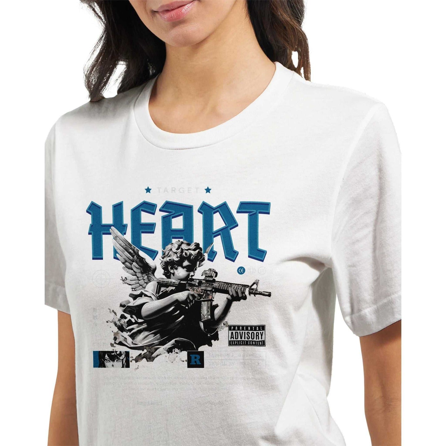 white heart unisex crewneck t-shirt with blue graphic of cherub holding a rifle, made from 100% soft airlume cotton, designed for vibrant dtg printing and comfortable fit
