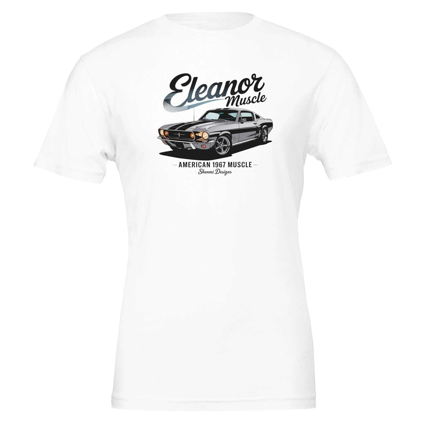 weißes eleanor mustang auto t-shirt mit american 1967 muscle car design, weiche ringgesponnene baumwolle, robuste unisex-passform, ideal für auto-liebhaber.