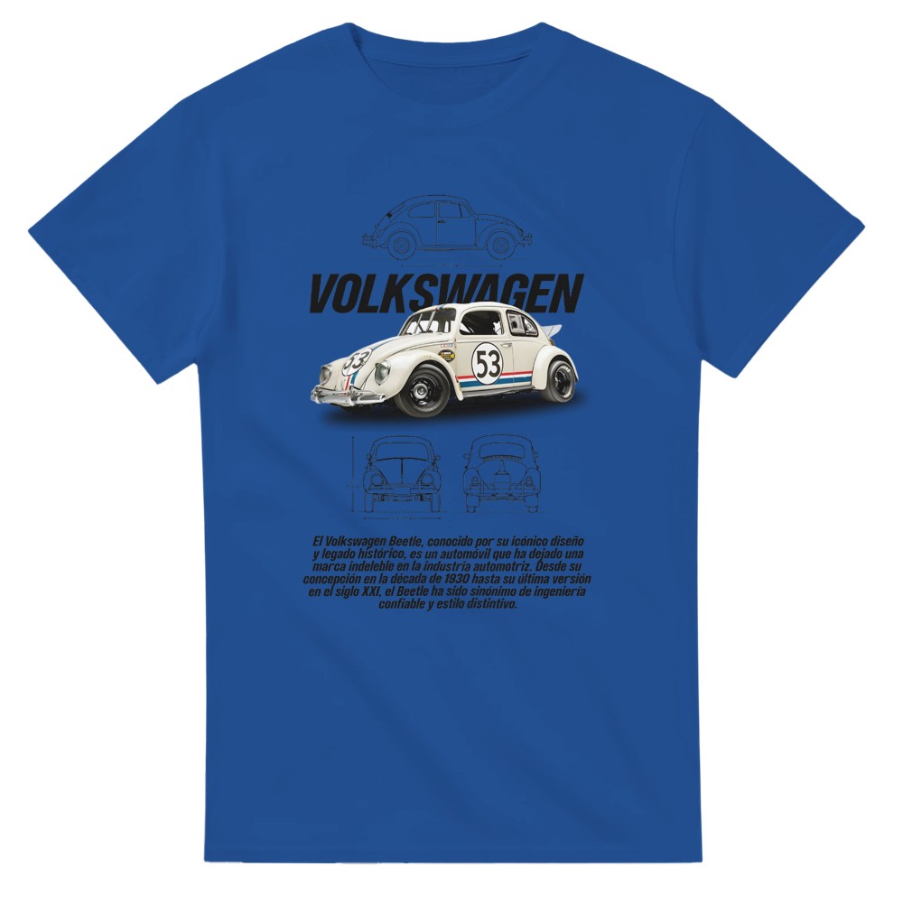 blaues vw käfer t-shirt mit klassischem beetle motorsport design für männer aus 100 % baumwolle