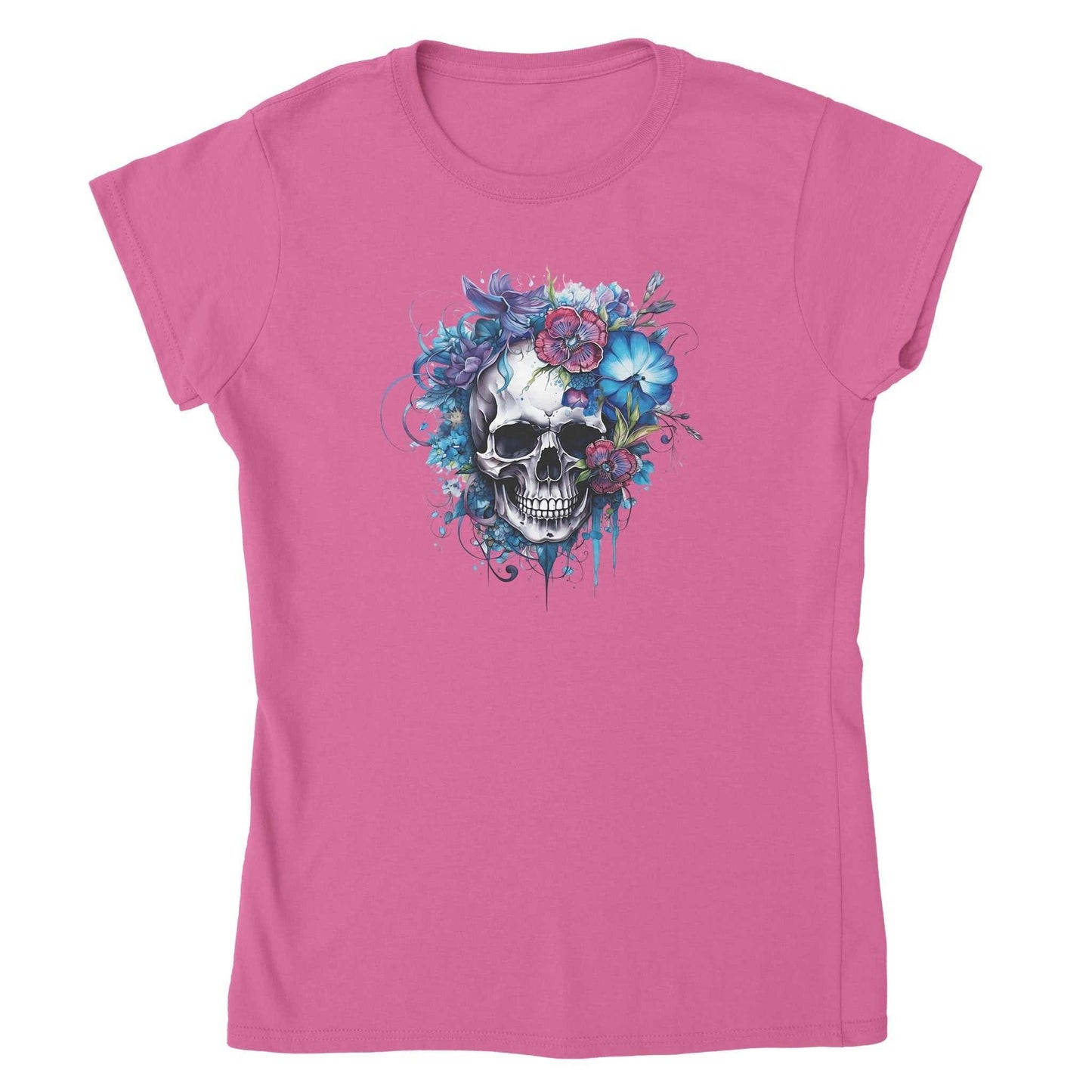 damen t-shirt in pink mit skull- und blumenmotiv, aus 100 % baumwolle, halbtailiert und bequem.