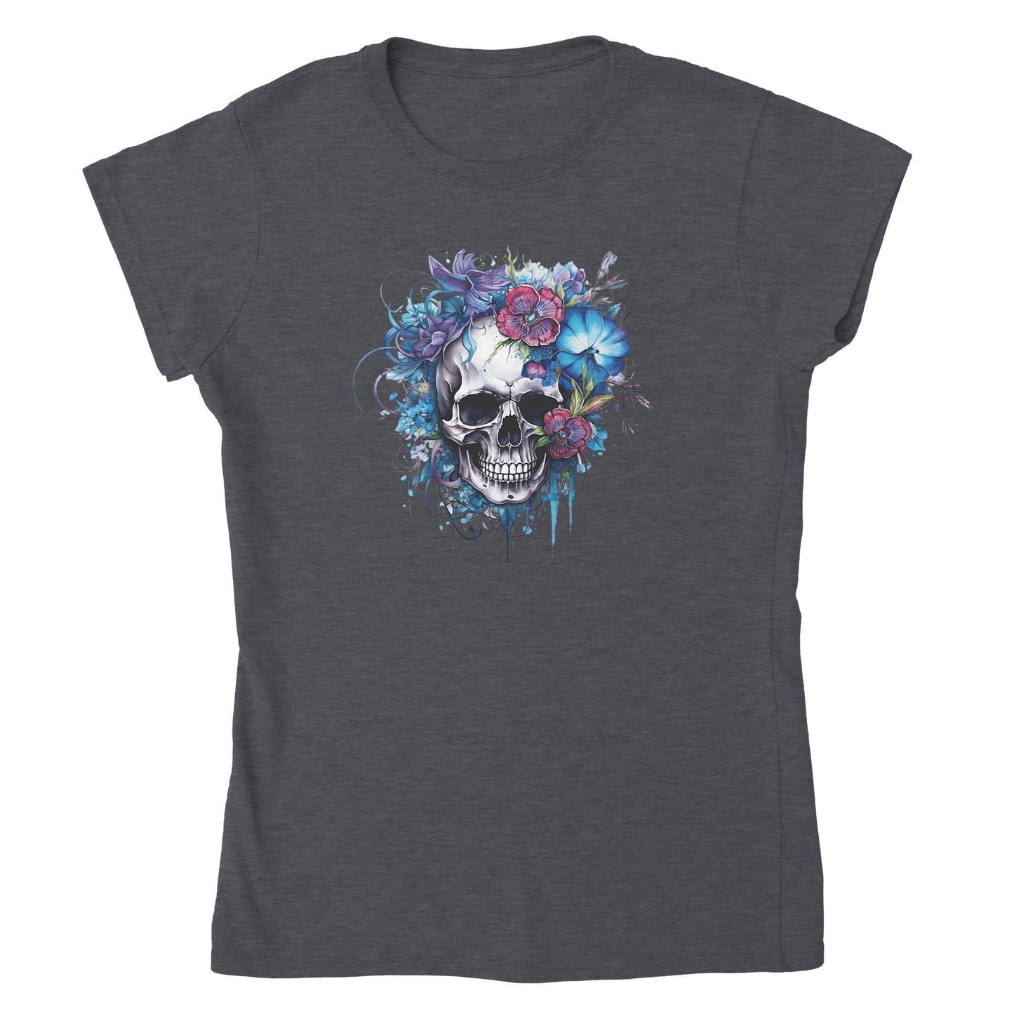 damen premium t-shirt aus 100% baumwolle mit halbtailliertem schnitt und skull-flower-design in blau und lila auf dunklem hintergrund.