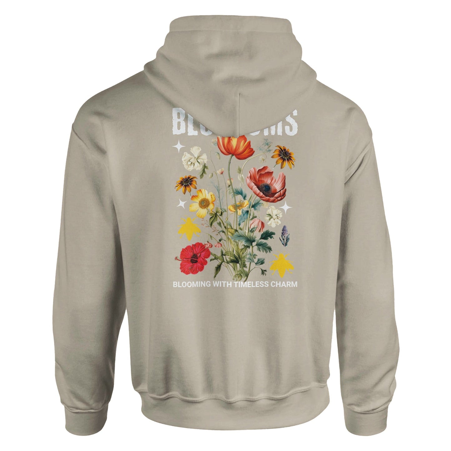 beiger blossom streatware unisex hoodie mit floralem print und kapuze, weicher baumwoll-polyester-mix, doppellagige kapuze und fronttasche.