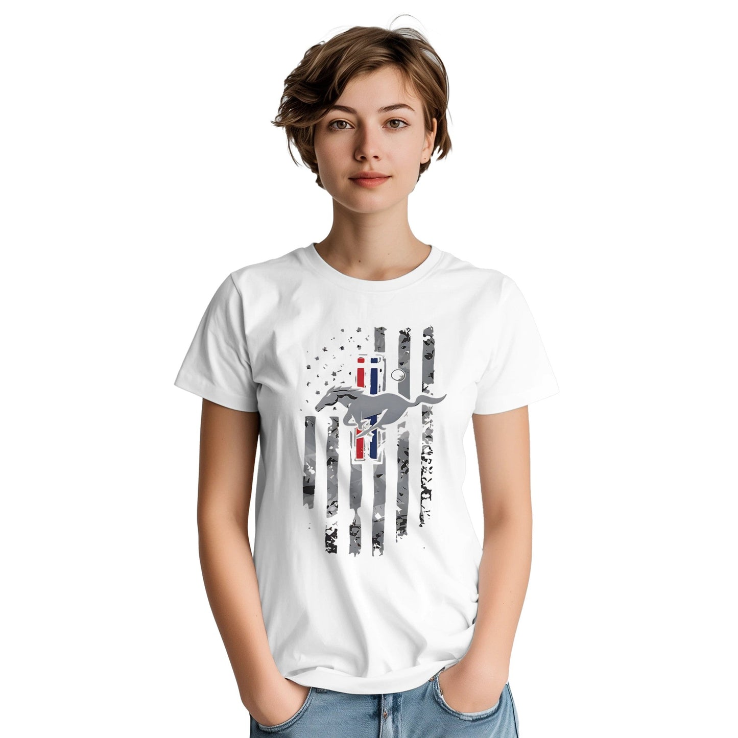 woman wearing white horse american t-shirt with distressed flag and running horse design