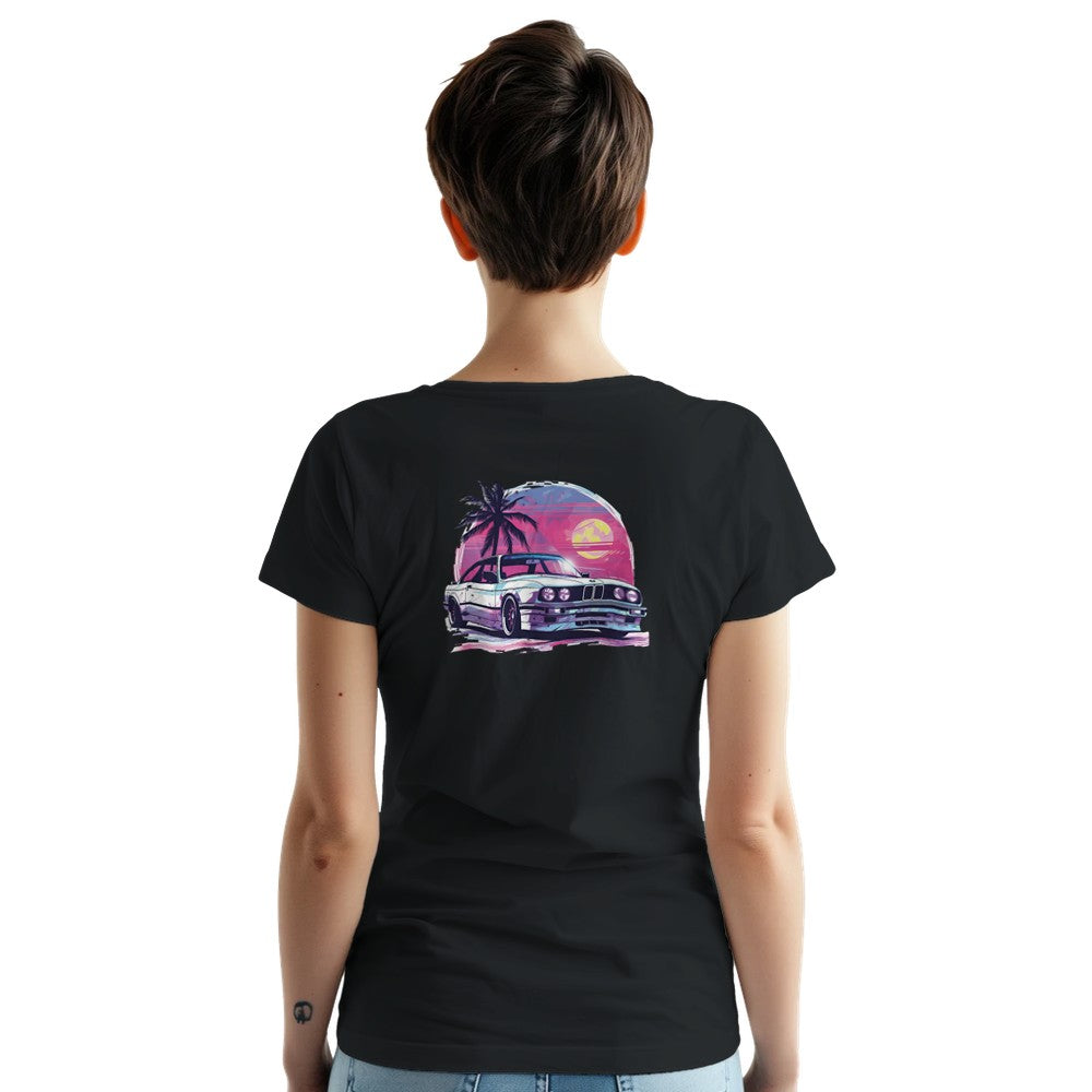 schwarzes bmw e30 m3 herren t-shirt aus schwerer baumwolle mit motorsport-design auf der rückseite