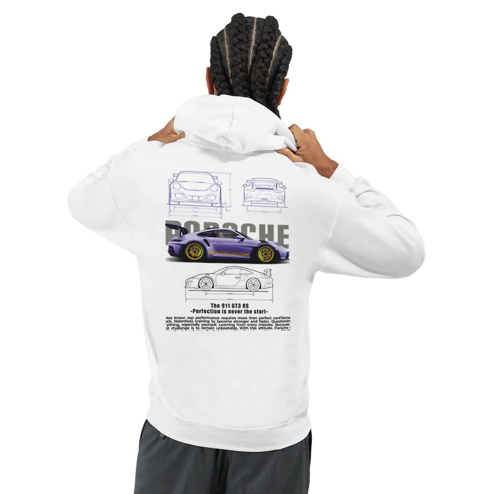 weißer berry porsche design hoodie mit auto-grafik und doppelt gefütterter kapuze aus baumwoll-polyester-mischgewebe