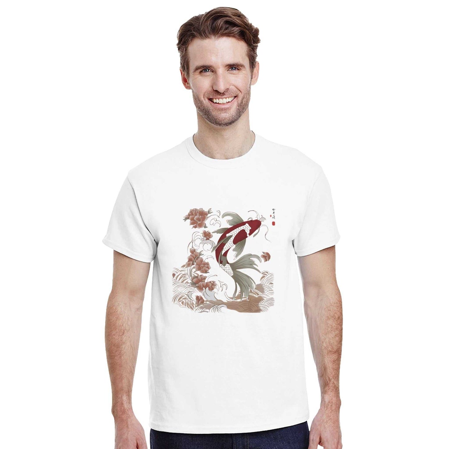 unisex white heavyweight cotton t-shirt with koi asian style print, classic fit, seamless double-needle collar and durable hems