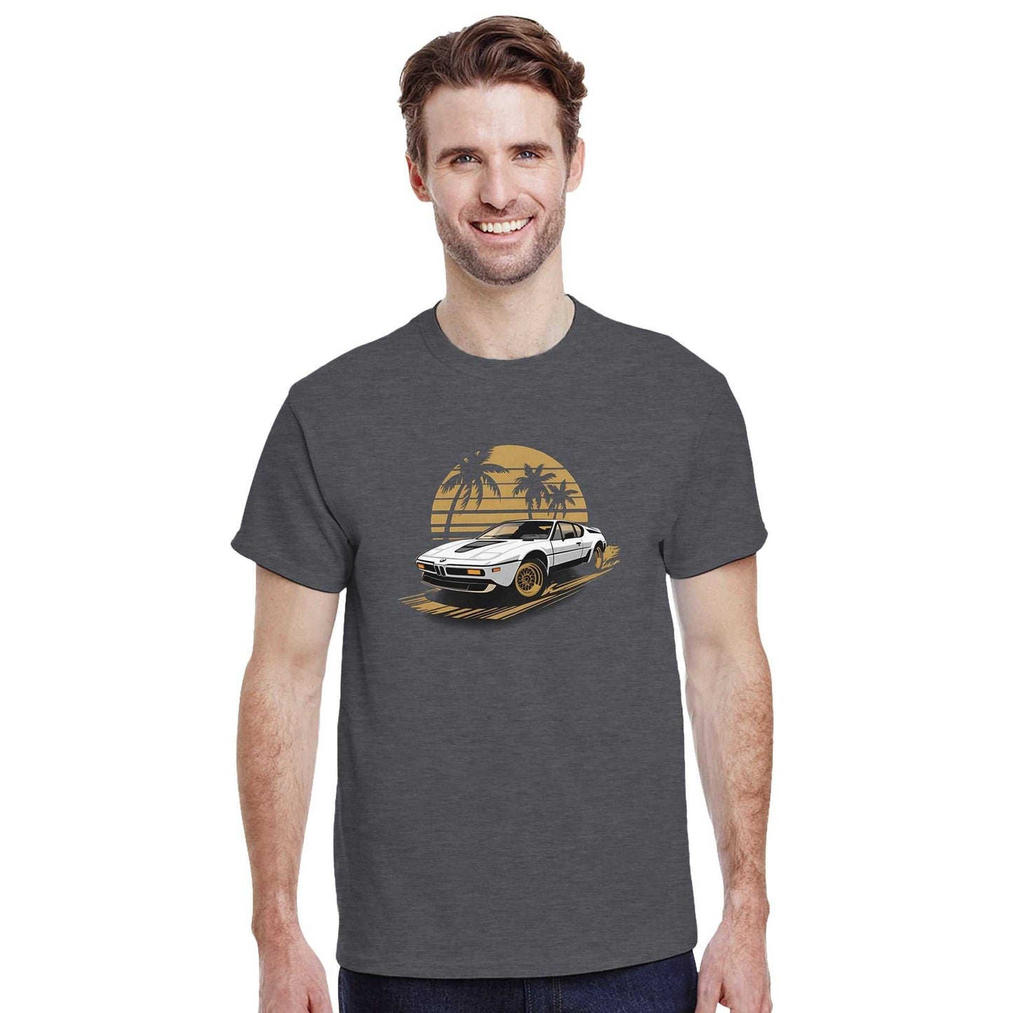 premium unisex summer car t-shirt with vintage car graphic and palm tree sunset, made of durable 100% cotton heavyweight fabric.