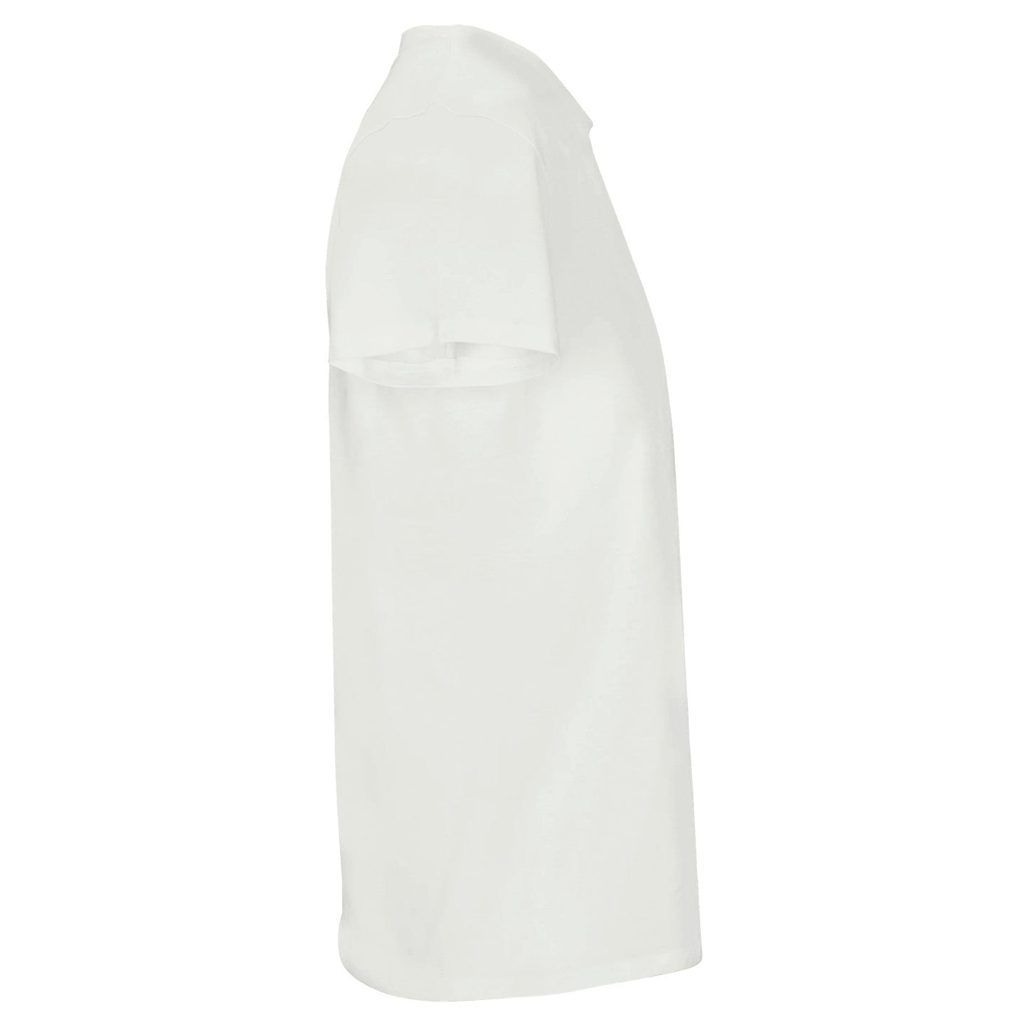 side view of plain white recycled cotton t-shirt with short sleeves and crew neck