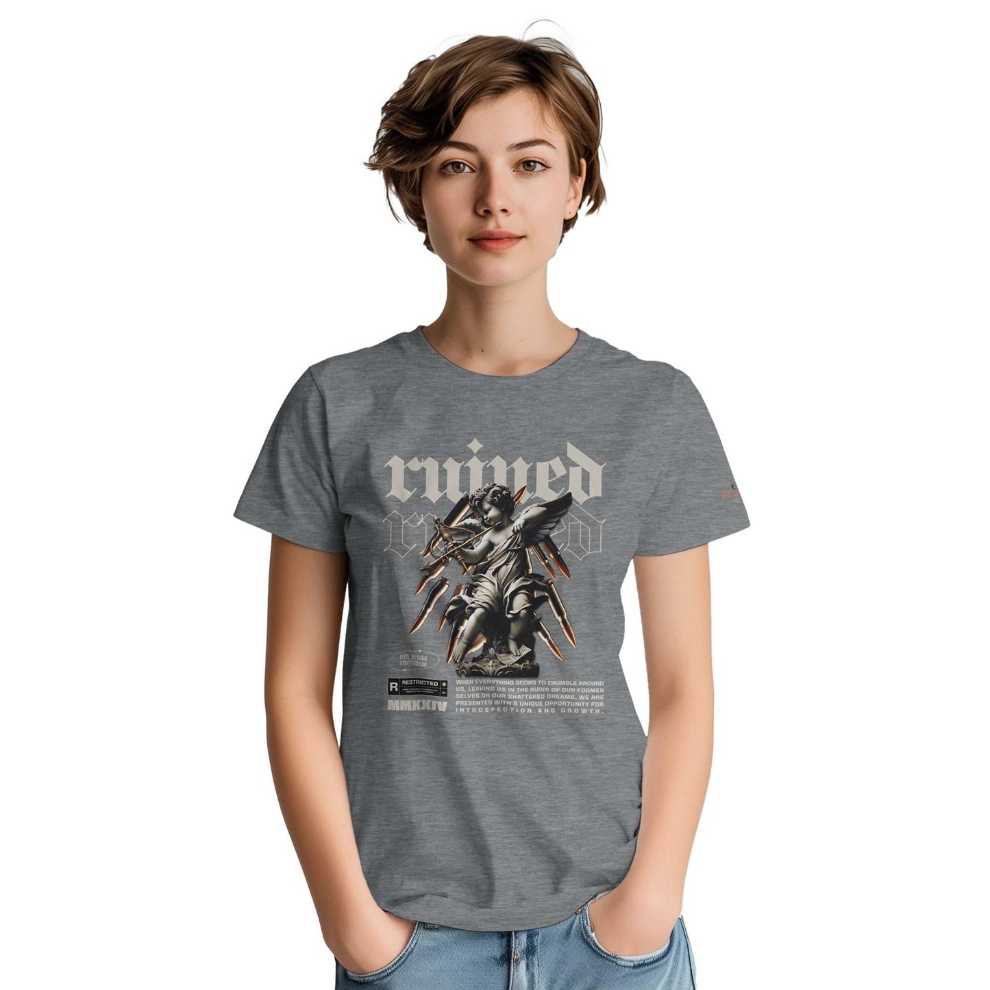 ruined streetwaer unisex crewneck t-shirt in grey with graphic print, heavyweight cotton, classic fit, durable and casual style