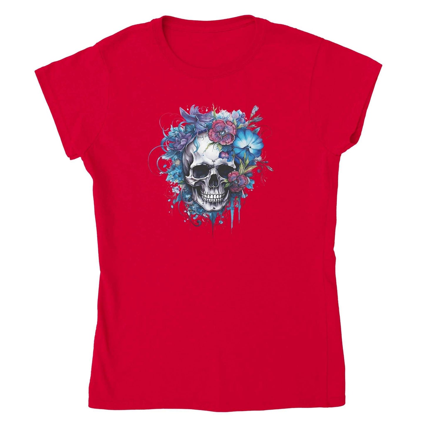 rotes damen-t-shirt mit halbtailiertem schnitt und skull flower motiv aus 100 % ringgesponnener baumwolle, umweltbewusst produziert.