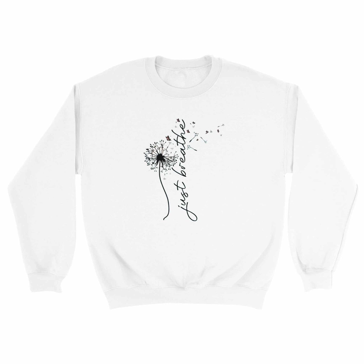weißes sweatshirt entspannungs pullover mit "just breathe" motiv aus weicher baumwollpoly-mischung.