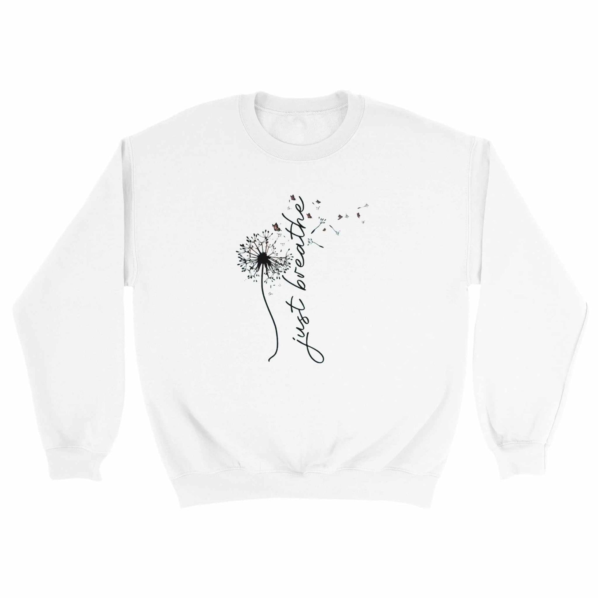 Weißes Sweatshirt Entspannungs Pullover mit "just breathe" Motiv aus weicher Baumwollpoly-Mischung.