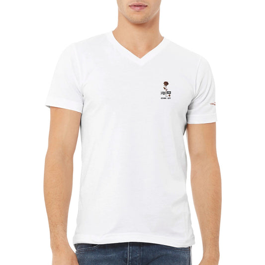 weißes Premium Stickerei T-Shirt mit V-Ausschnitt und Lira Design, unisex aus weicher Baumwolle