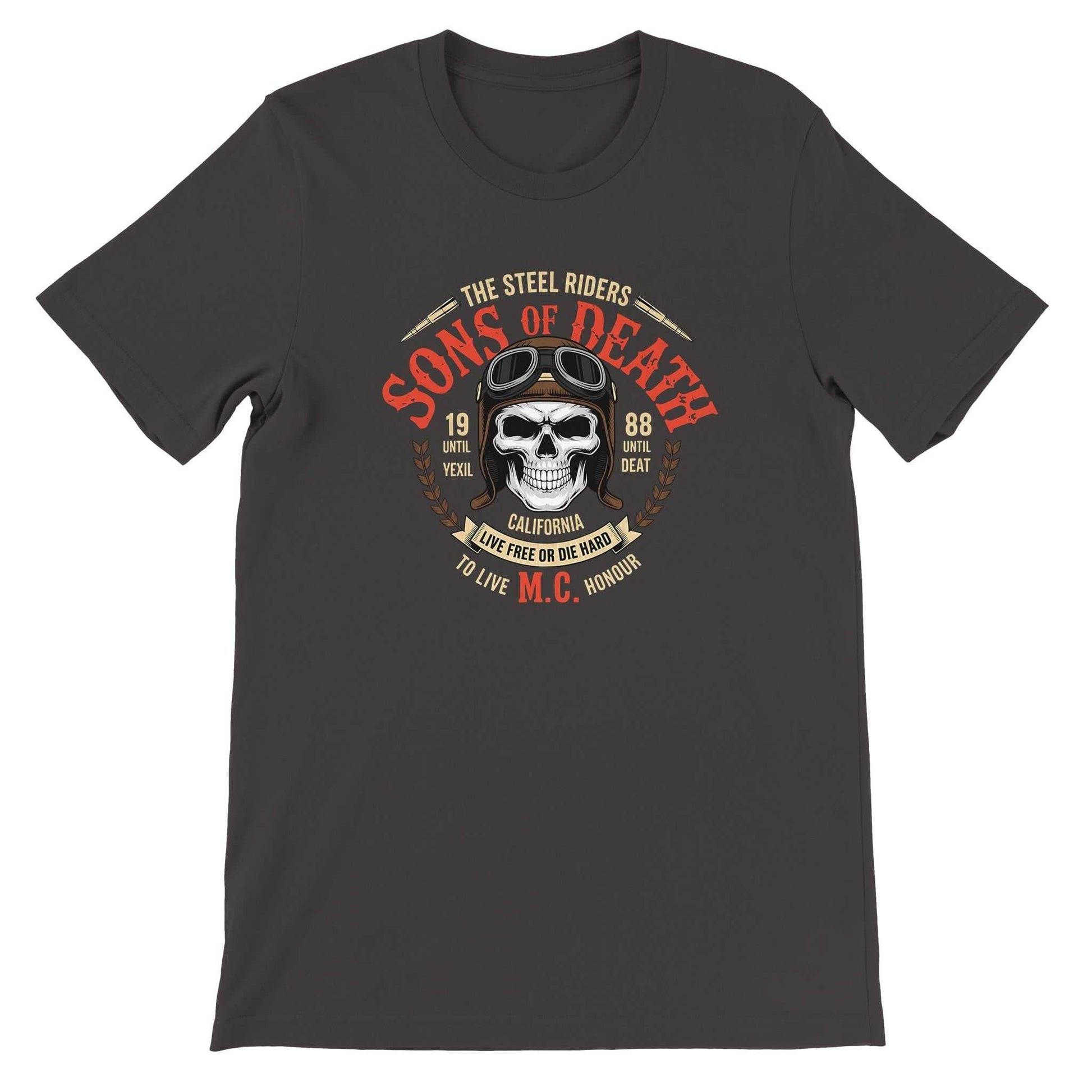 Schwarzes Biker T-Shirt mit Totenkopf-Motives und "Sons of Death" Schriftzug, Premium 100% Baumwolle, unisex, komfortabel und langlebig.