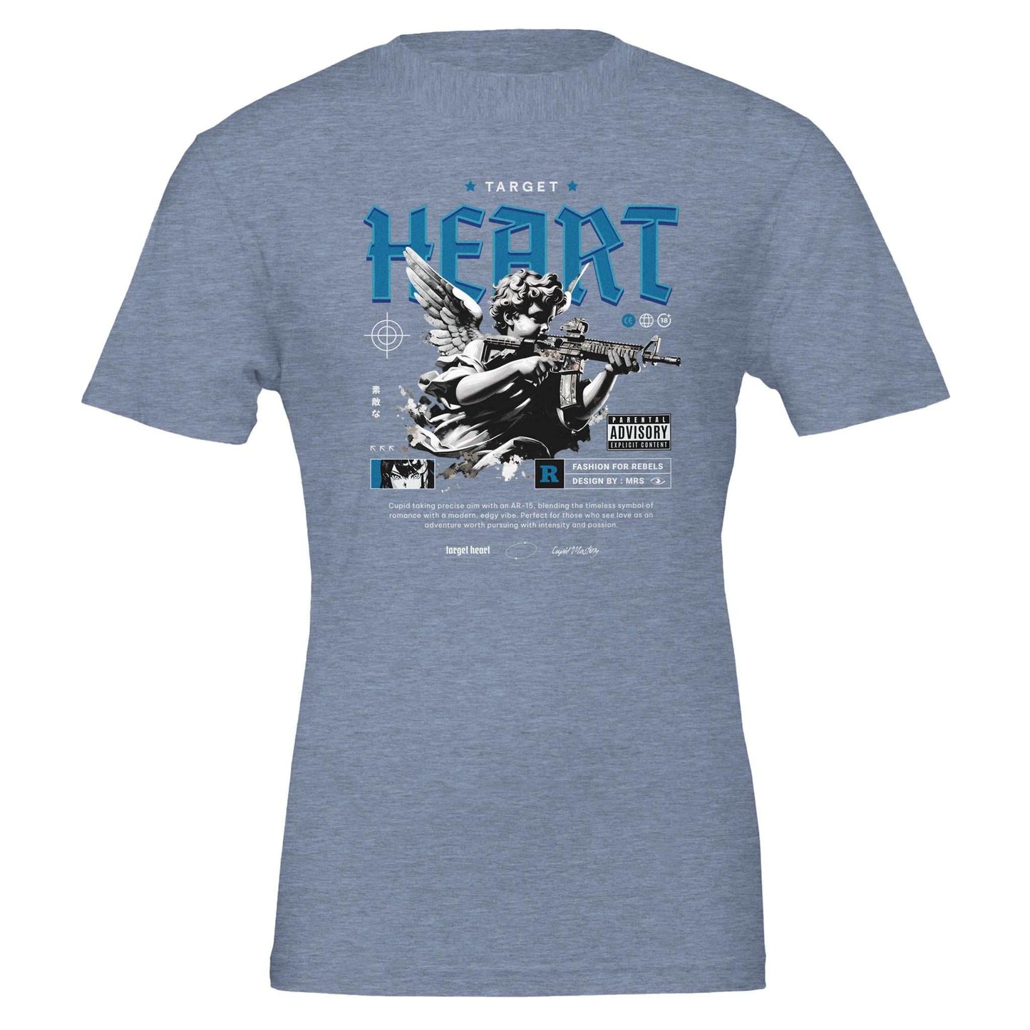 heart unisex crewneck t-shirt in blue with graphic design, made from soft 100% airlume cotton, ideal for dtg printing and comfortable fit