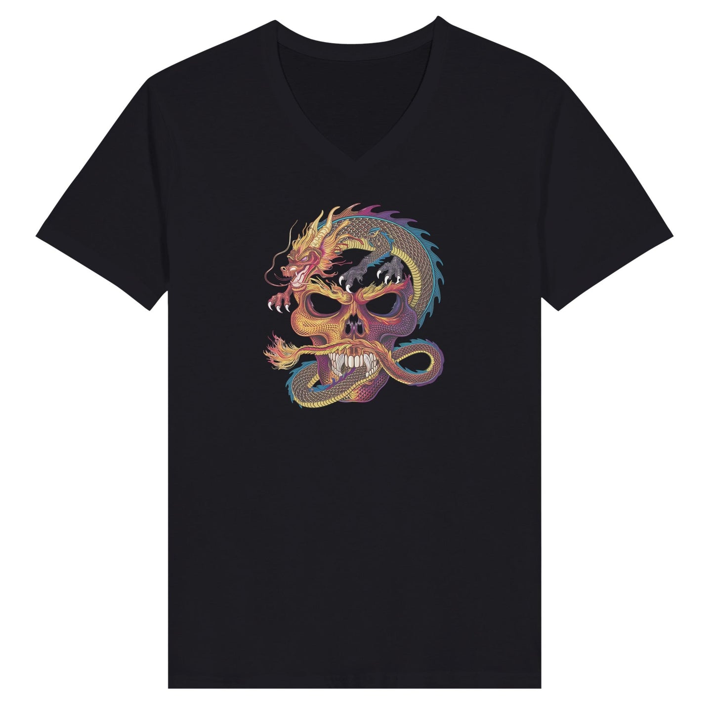 schwarzes streetwear t-shirt mit v-ausschnitt und buntem drachendesign, slim fit unisex jersey aus hochwertiger baumwolle.
