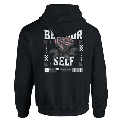 Black unisex hoodie with "Be Yourself" text and rose graphic design on the back