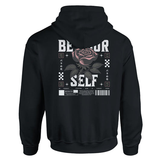 Black unisex hoodie with "Be Yourself" text and rose graphic design on the back