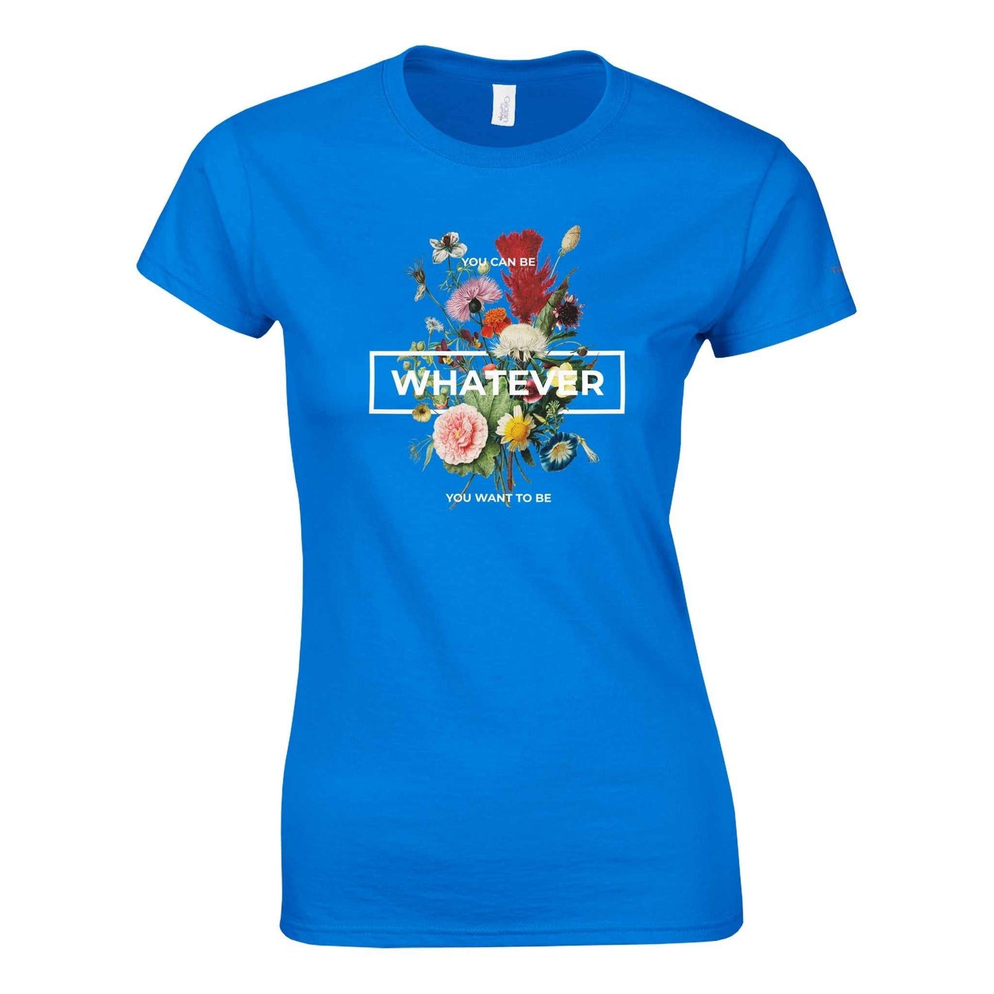 blue whatever womens crewneck t-shirt with floral design and text "whatever" in white box