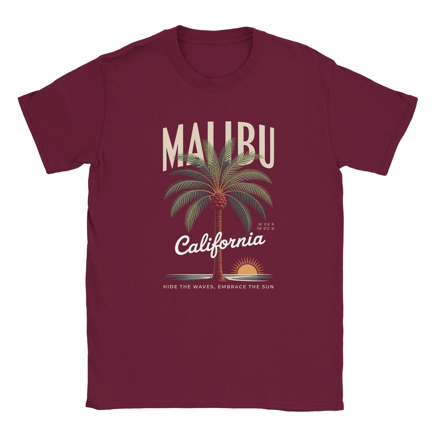 california sunshine sommer t-shirt in bordeaux mit malibu palmen-print und sonnigem kalifornien-design