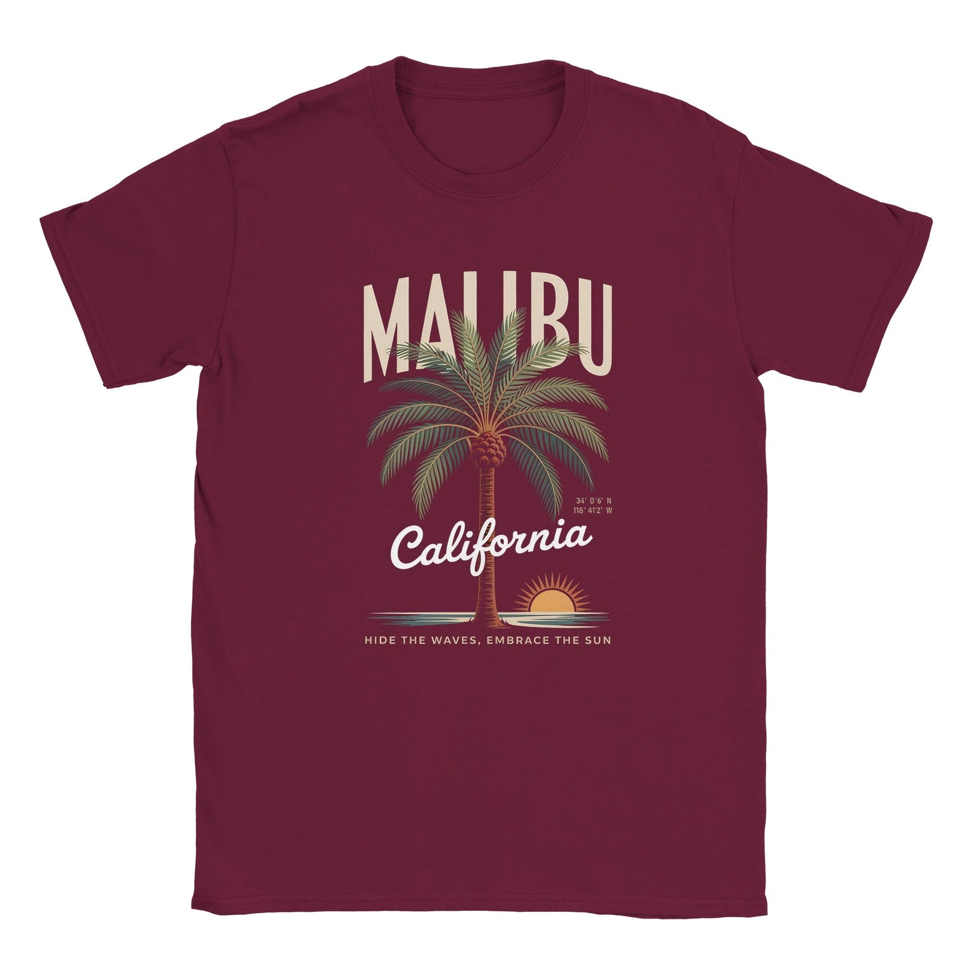 California Sunshine Sommer T-Shirt burgundy with Malibu palm tree and sunset design