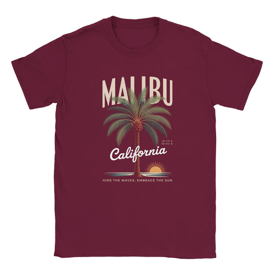 California Sunshine Sommer T-Shirt in bordeaux mit Malibu Palmen-Print und sonnigem Kalifornien-Design