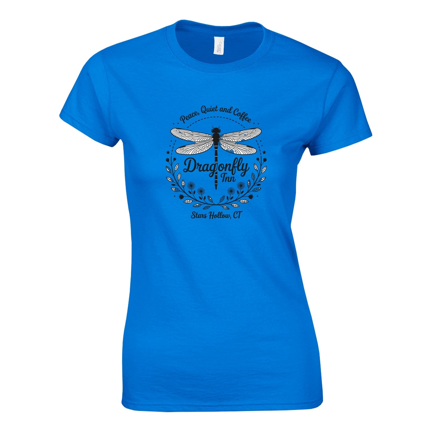 damen gilmore girls t-shirt in blau mit dragonfly inn design aus 100% baumwolle, bequem und stylisch