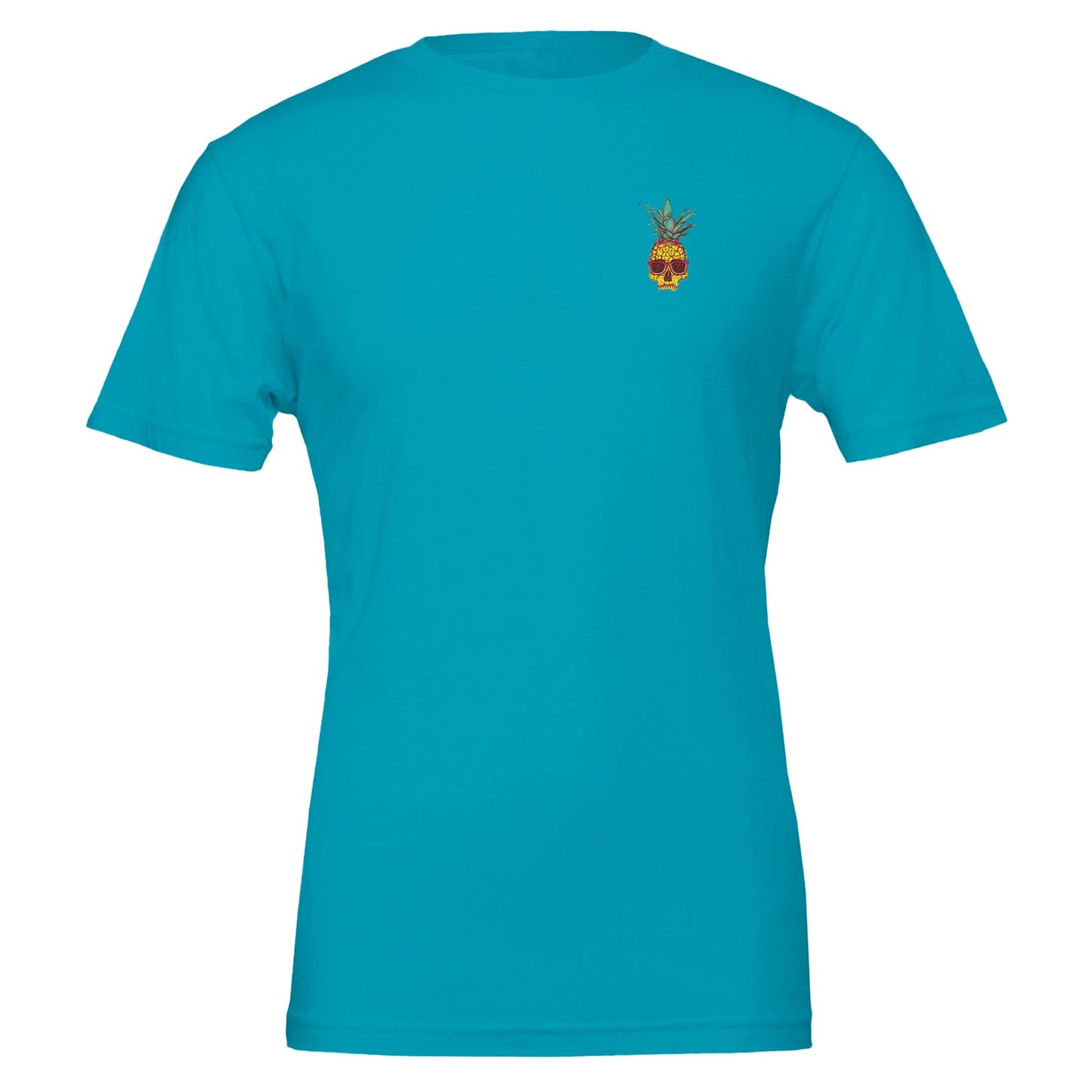 spritziges sommer t-shirt aus weicher airlume-baumwolle mit kleinem totenkopf-pineapple-motiv, unisex, komfortabel und langlebig.
